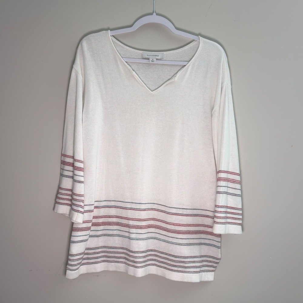 Madison Grey White Striped V-Neck Cotton Knit Sweater 3/4 Sleeve Size M Loose